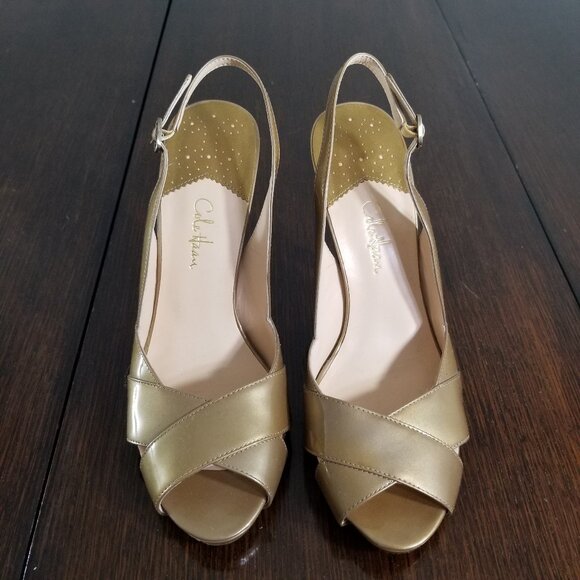 Cole Haan Womens 9B Nike Air Gold Patent Leather Heel Sling Back Open Toe Heels - Picture 8 of 12